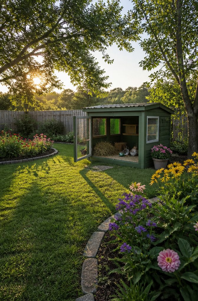 A small garden shed transformed for rabbit housing.