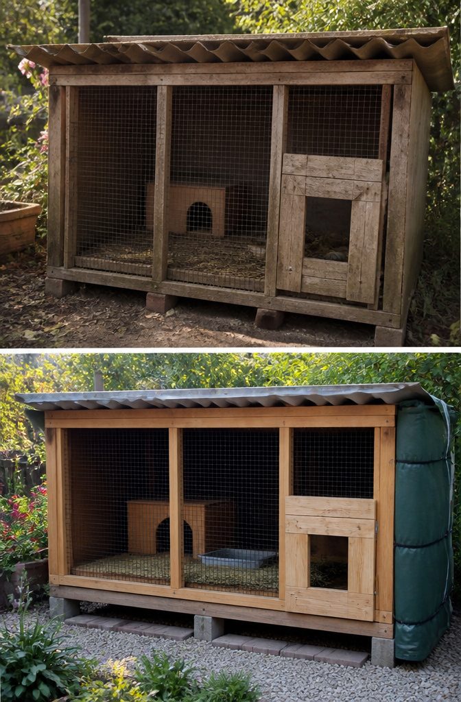 A solid roof over a rabbit run providing weather protection.