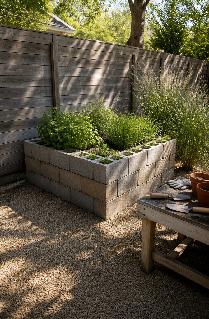 Stacked cinder blocks forming a raised garden bed.
