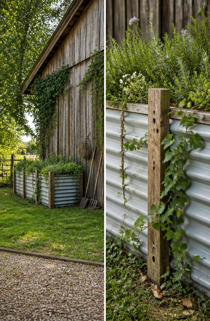 Corrugated metal panels forming a raised garden bed.