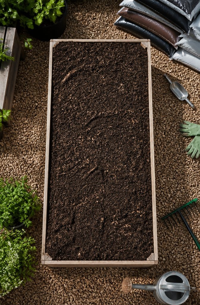Raised garden bed being filled with soil mix.