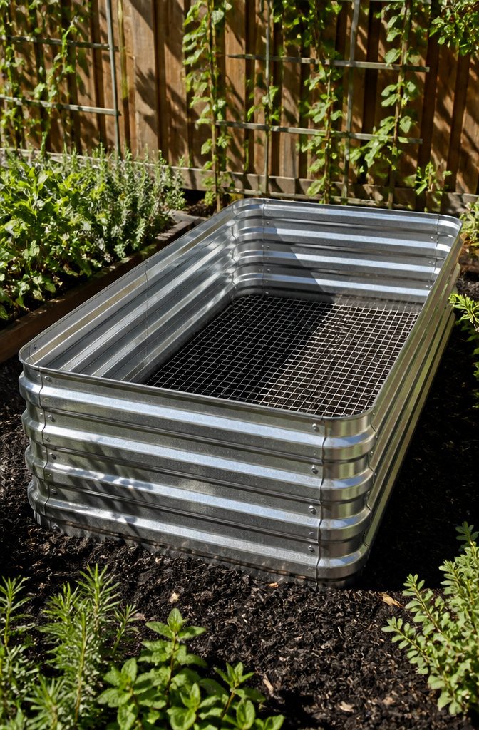 Galvanized metal raised garden bed with rolled edges.