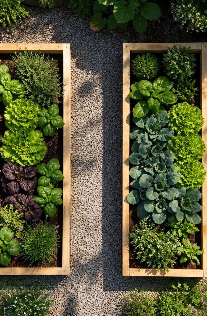 Garden beds arranged with adequate spacing for access.