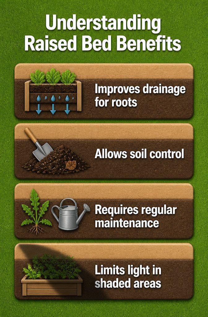Infographic illustrating the advantages of raised garden beds.
