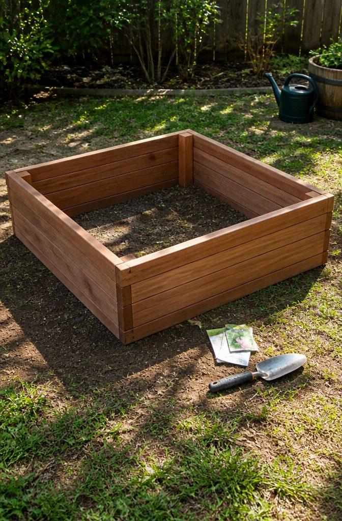 Cedar raised garden bed surrounded by grass and garden tools.