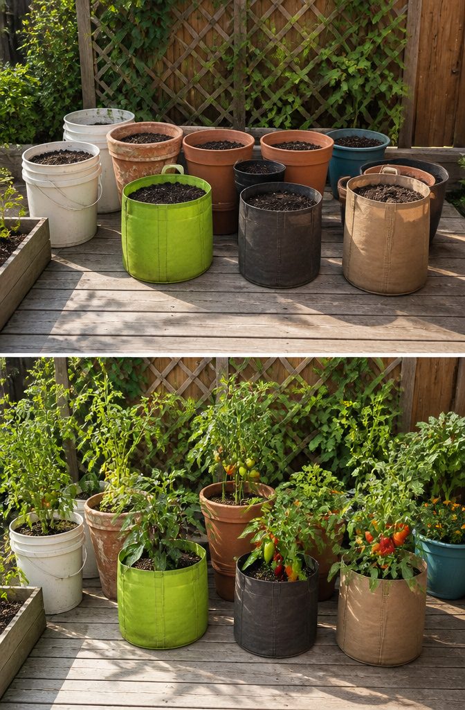 Five-gallon buckets used as containers for plants in a garden.