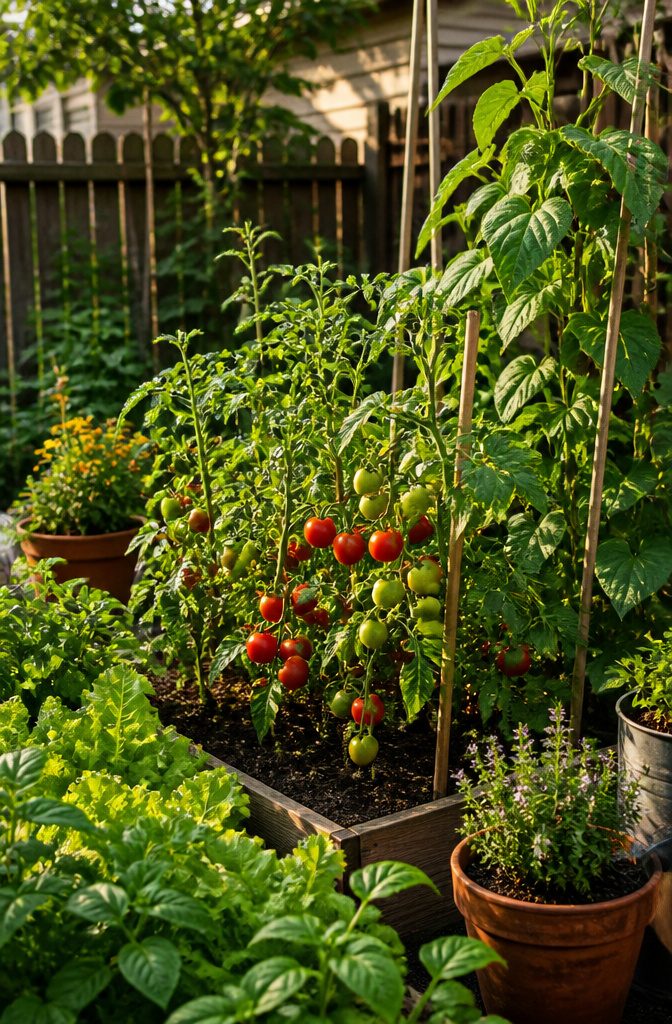 Bush-type vegetables growing neatly in a small backyard garden.