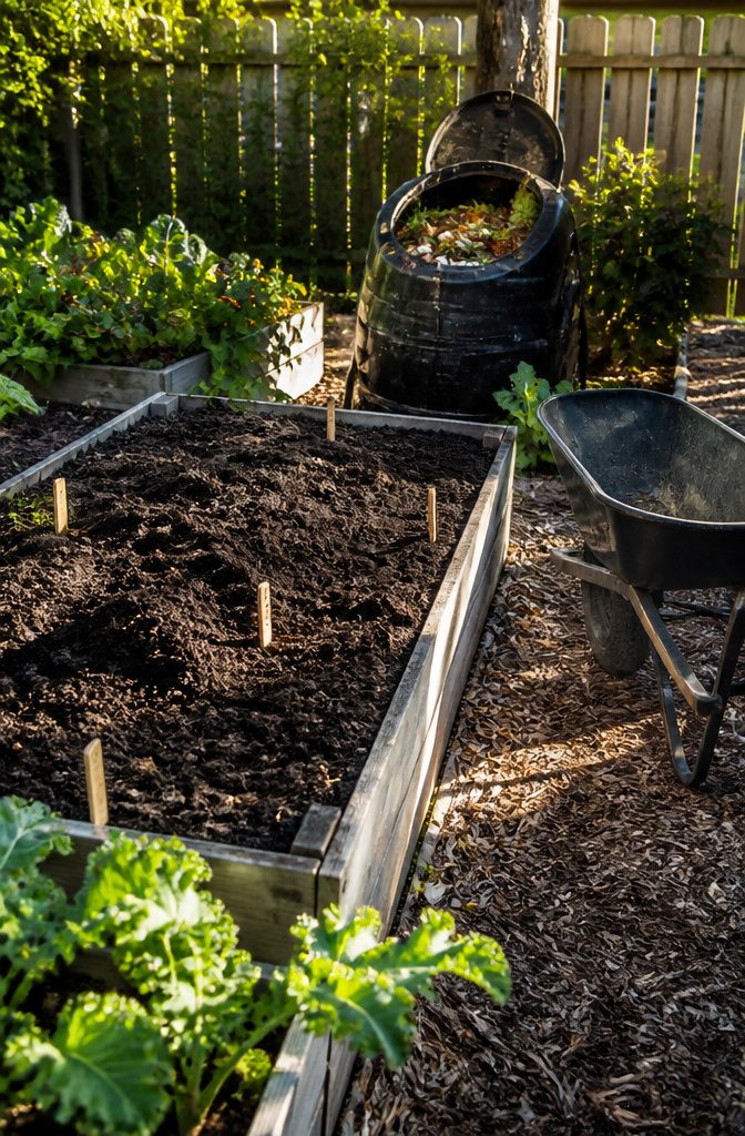 A raised bed filled with dark compost and marked for future seedlings.