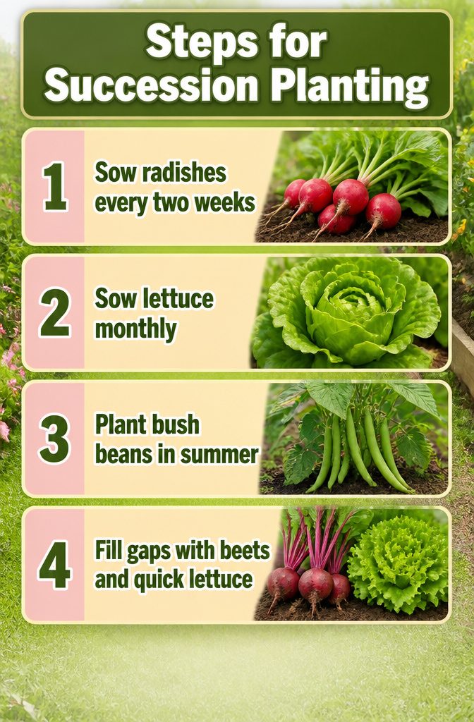 A calendar displaying steps for succession planting in a vegetable garden.