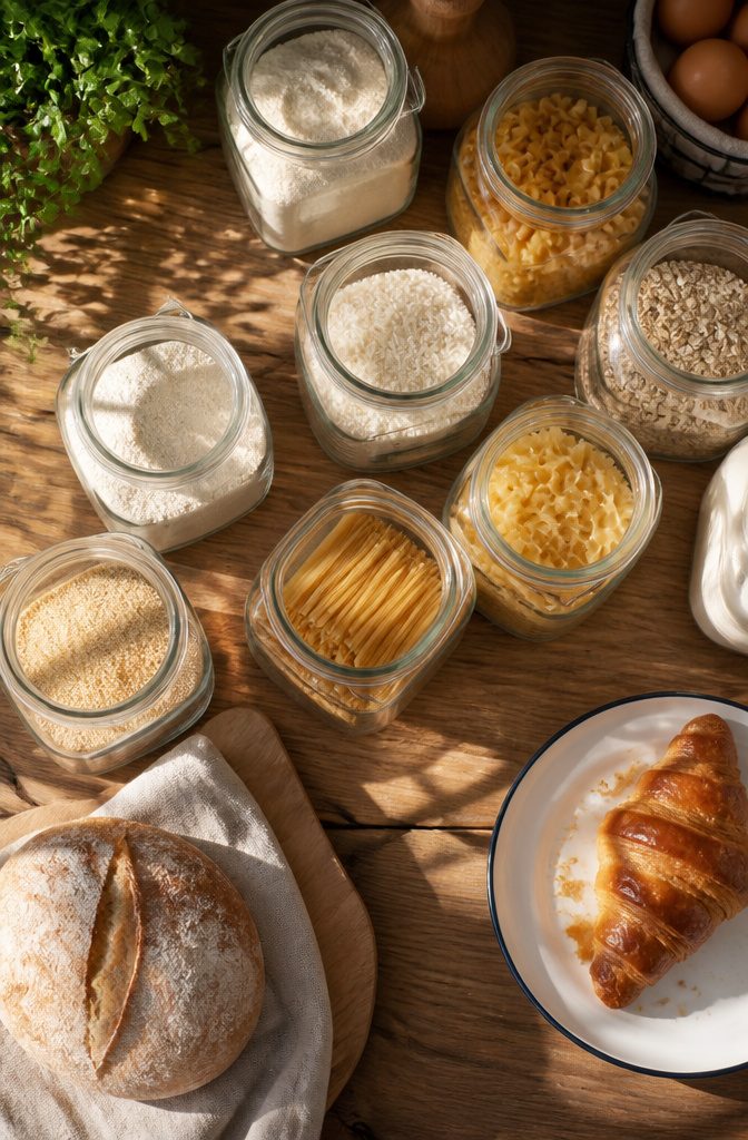 Clear containers holding flour, sugar, and pasta on a shelf.