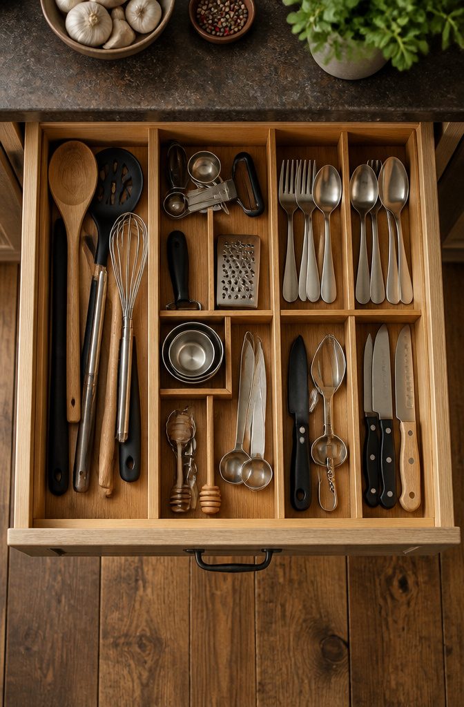 Kitchen drawers sorted by frequency of use for organization.