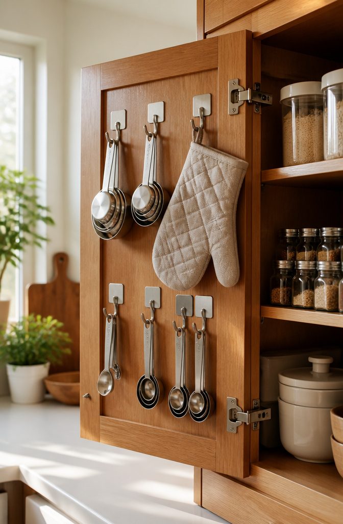 Cabinet door with self-adhesive hooks holding measuring cups and mitts.