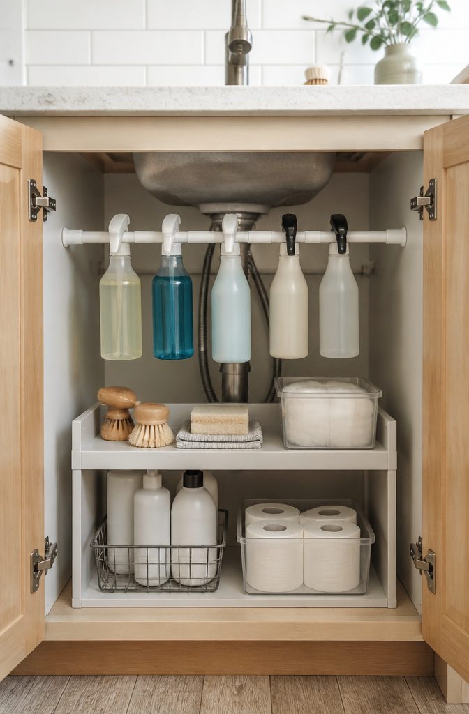 Tension rod in an under-sink cabinet holding spray bottles.