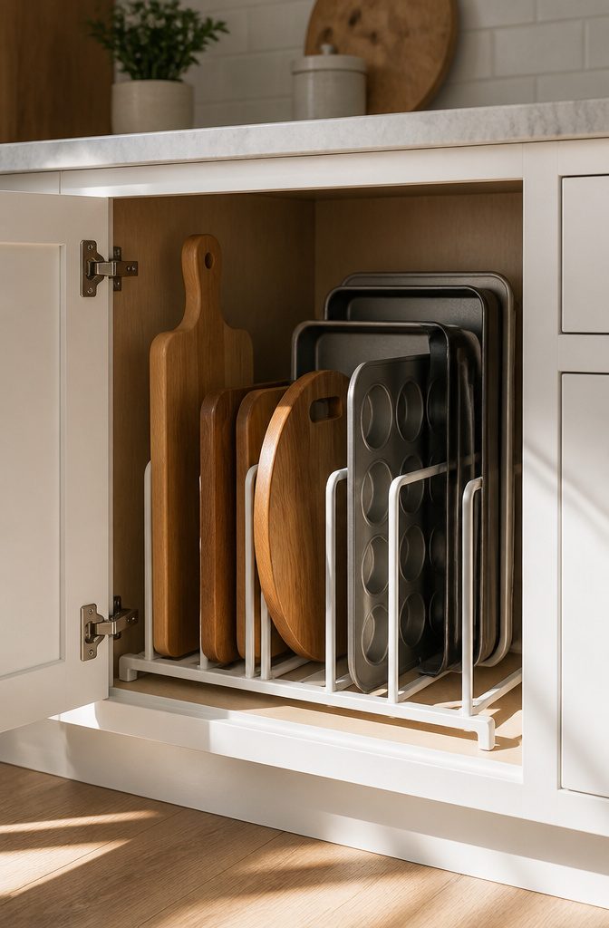 Adjustable bakeware rack standing vertically in a kitchen cabinet.