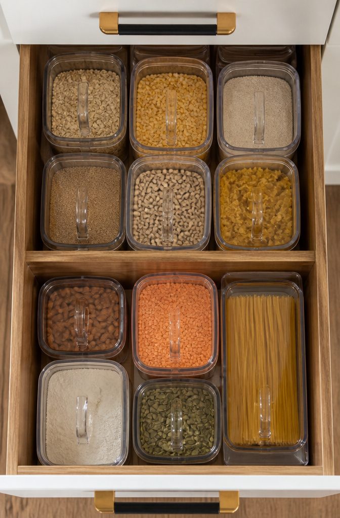 Clear bins neatly arranged in a kitchen cabinet.