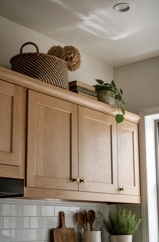 Cabinet tops displaying cookbooks and a potted plant.