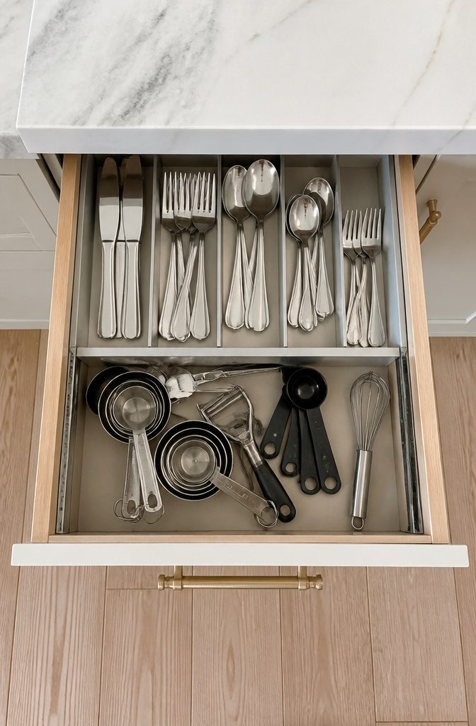 Two-tier drawer organizers filled with utensils and measuring cups.