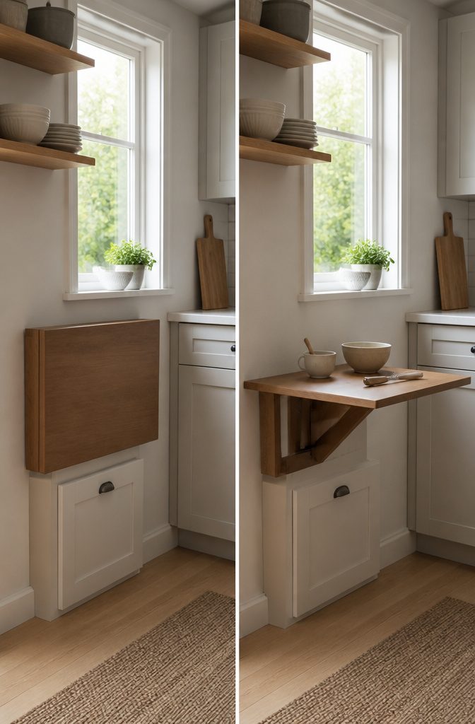 Fold-down table mounted on a wall in a small kitchen.