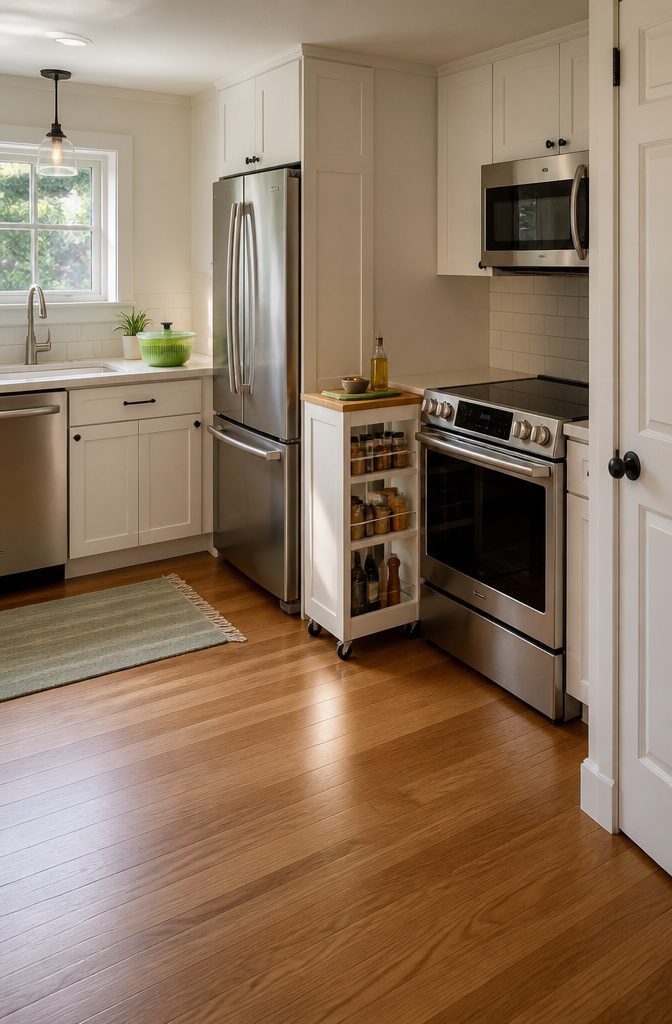 Narrow rolling utility cart loaded with kitchen supplies.