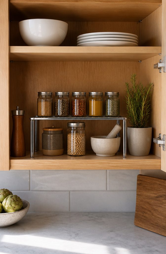 Shelf riser displaying spice jars and kitchen accessories.