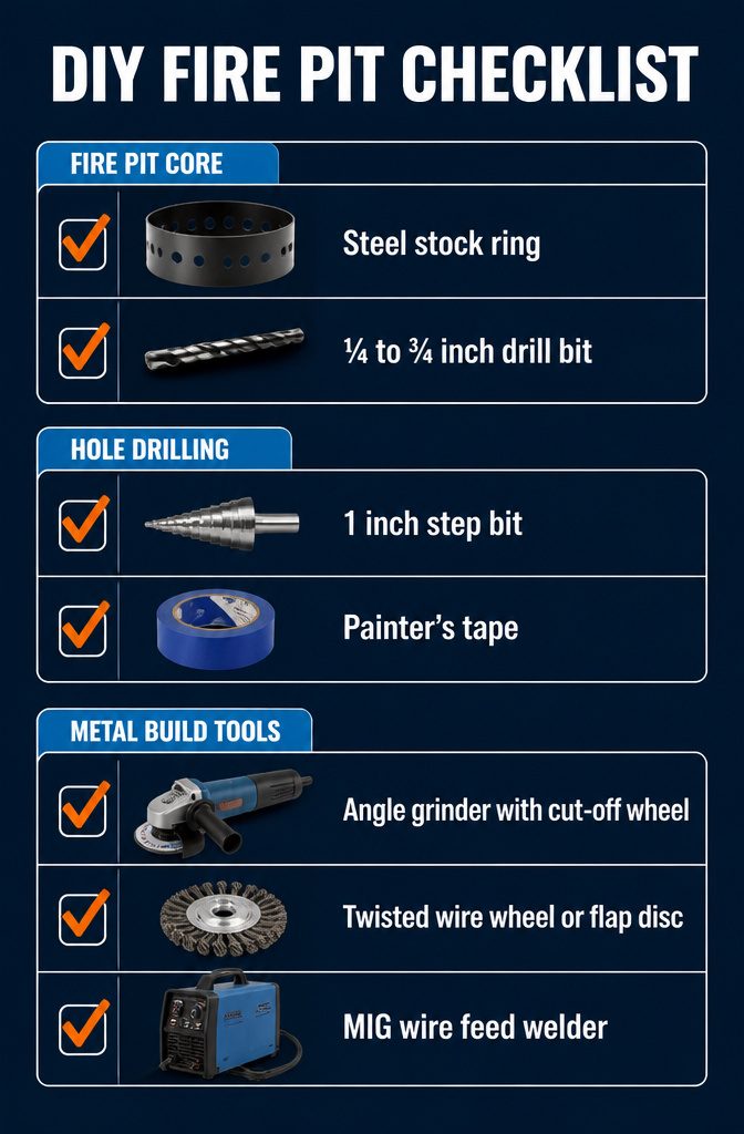 A DIY fire pit checklist detailing required materials and tools.