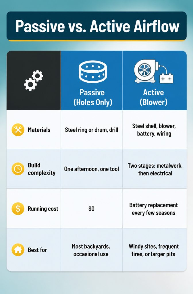 A comparison chart of passive and active airflow systems for fire pits.