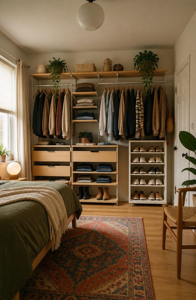 A wall with a modular wardrobe system including hanging rods and drawers.