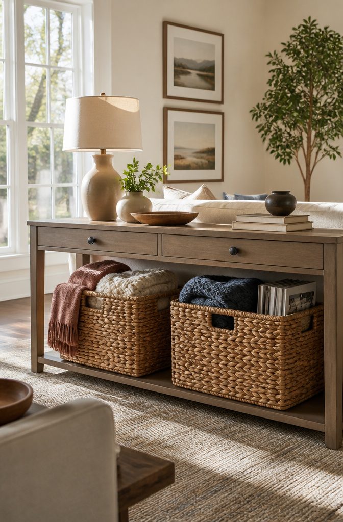 Woven seagrass baskets used for storage in a living room.