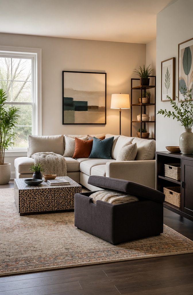 A storage ottoman placed next to a coffee table in a living room.