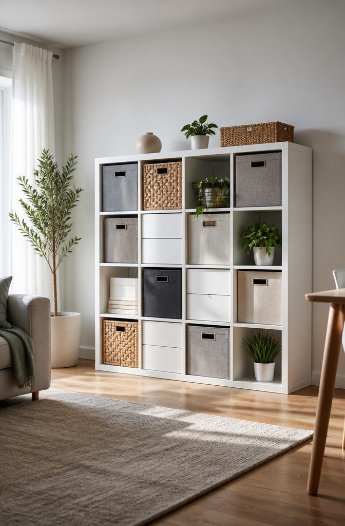 A KALLAX shelf unit filled with bins and decorated with plants.