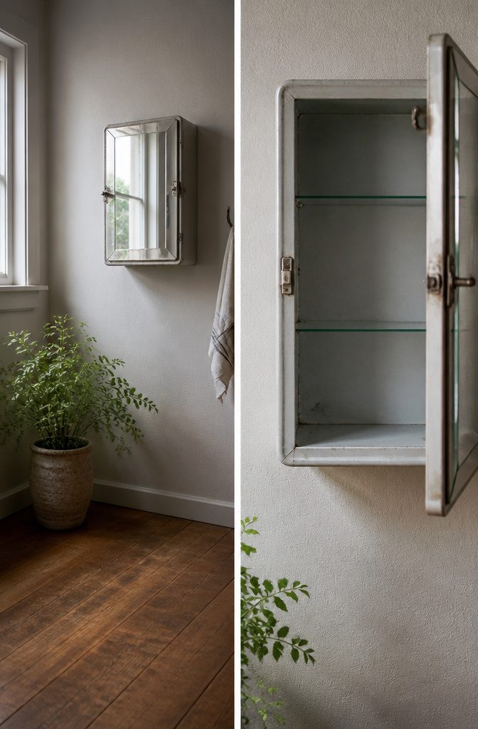 A vintage medicine cabinet with a mirror and shelves mounted on a wall.