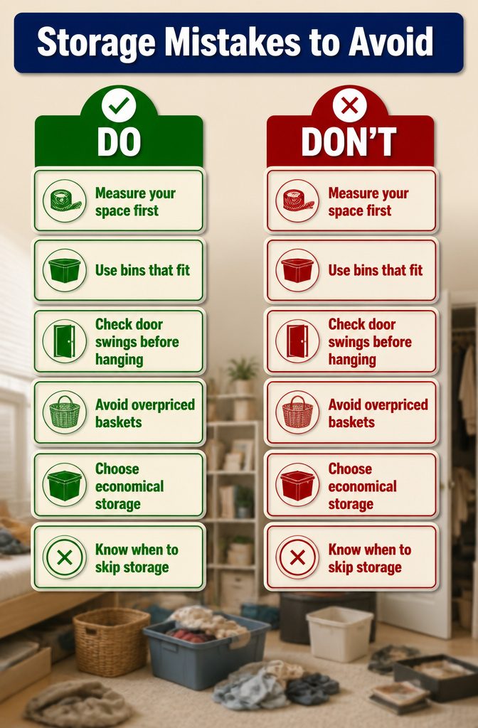 An information graphic titled 'Storage Mistakes to Avoid' on a table.