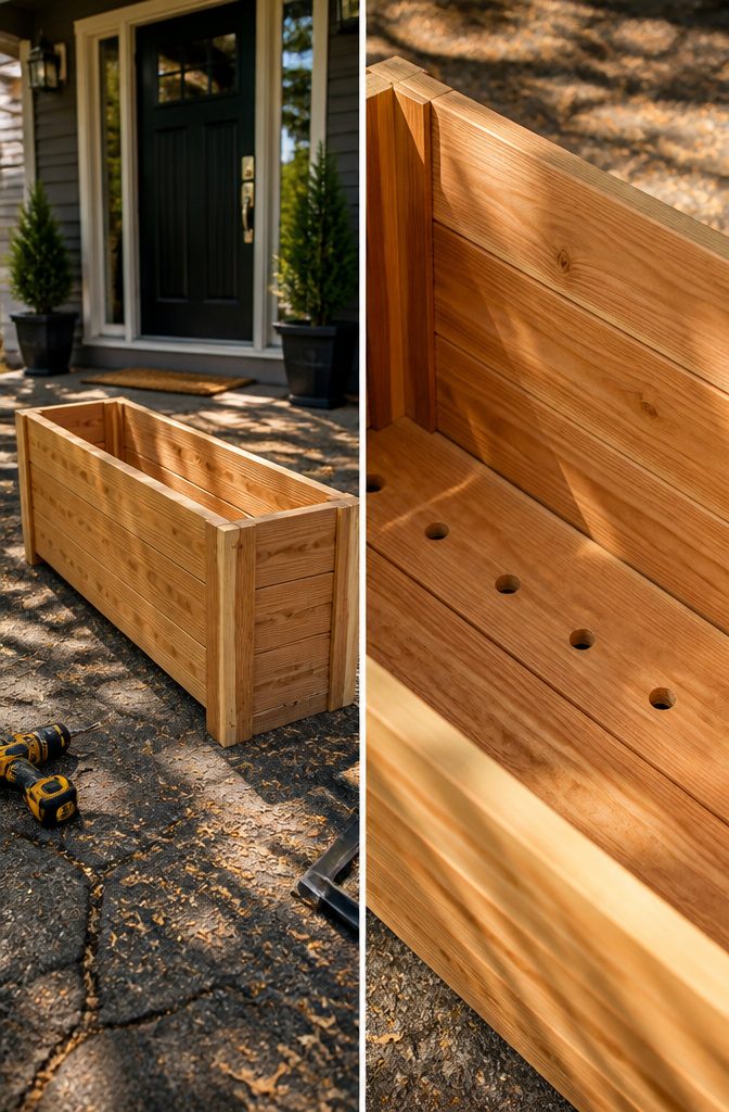 Cedar boards are being assembled into a tall planter box.
