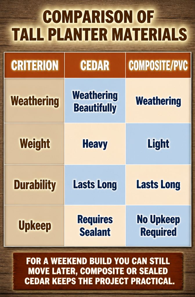 Comparison of tall planter materials including cedar, composite, and concrete.
