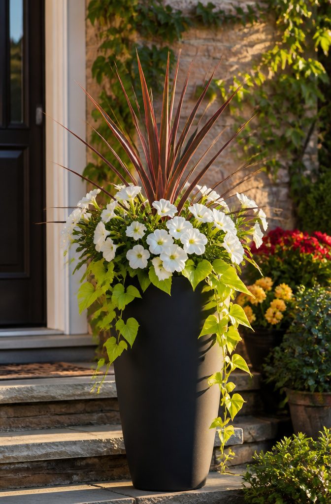 A tall planter with a dracaena, white petunias, and sweet potato vine.