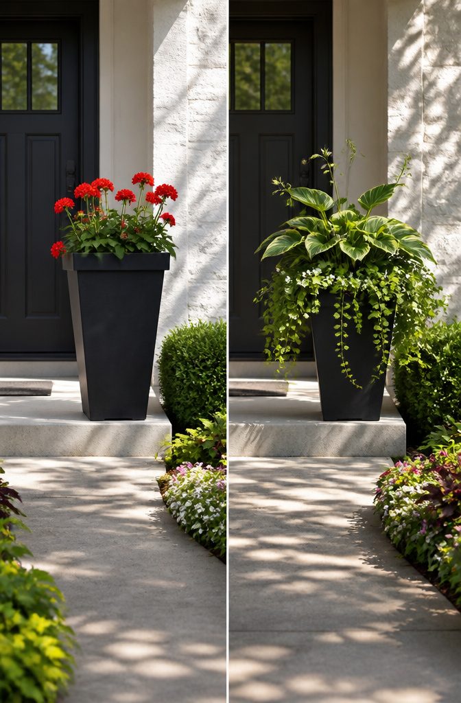 A front door exposed to morning sun with planters nearby.