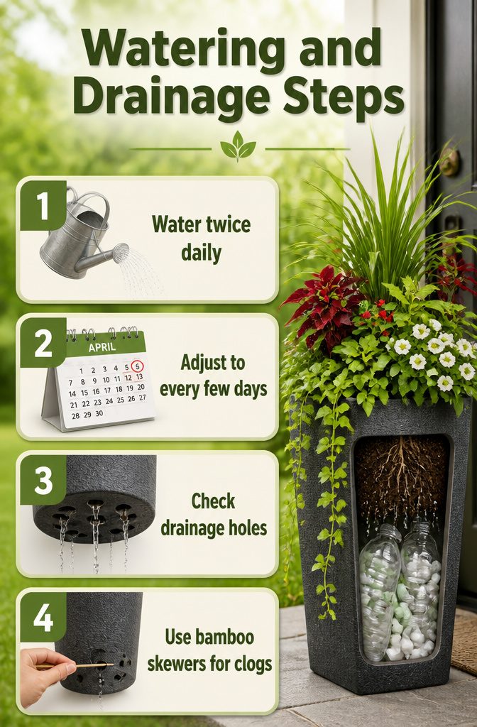 Instructions for checking watering and drainage in tall planters.