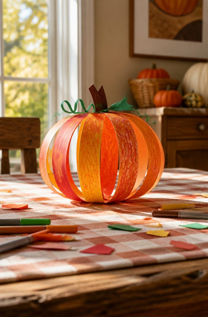 A 3D paper pumpkin made from orange strips of paper.