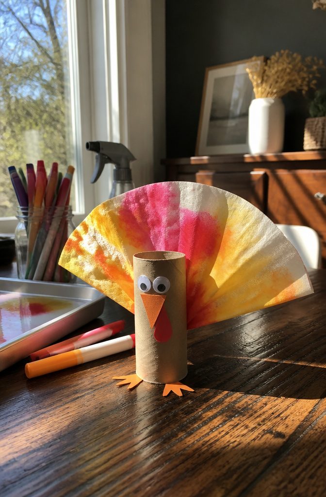 A coffee filter turkey with a colorful design made by a child.