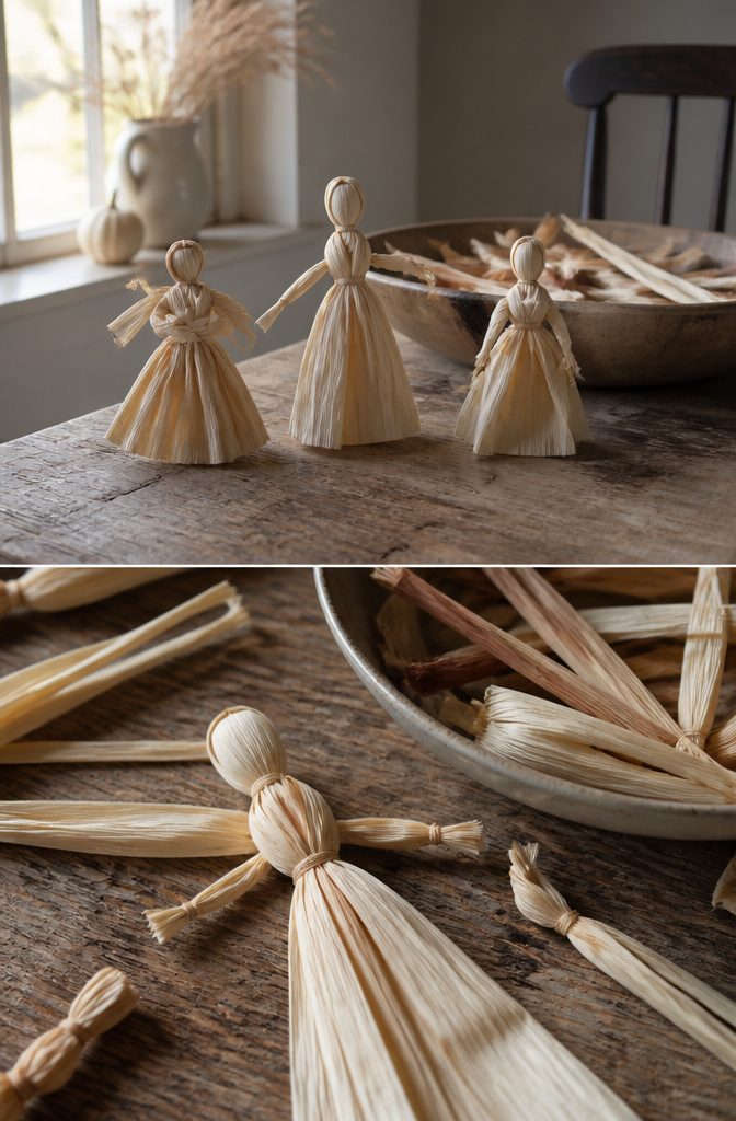 Corn husk dolls made from layered and tied corn husks.