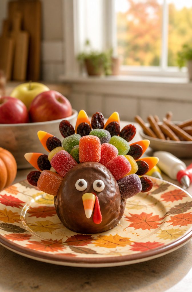 A collection of edible turkey treats made from gumdrops and apple slices.