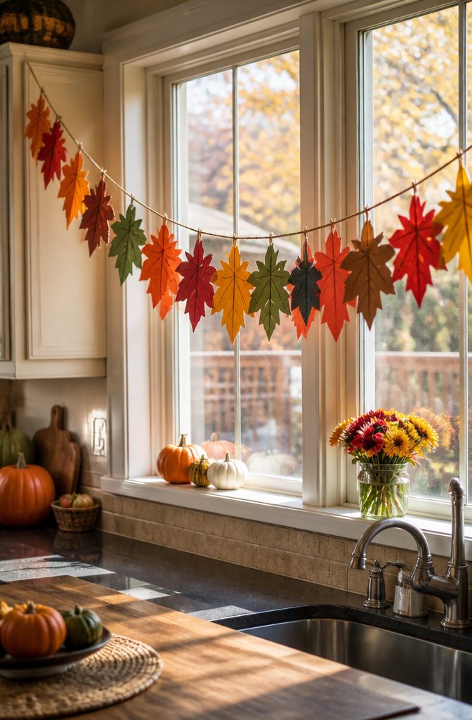 A garland of colorful leaves with handwritten notes of thanks.