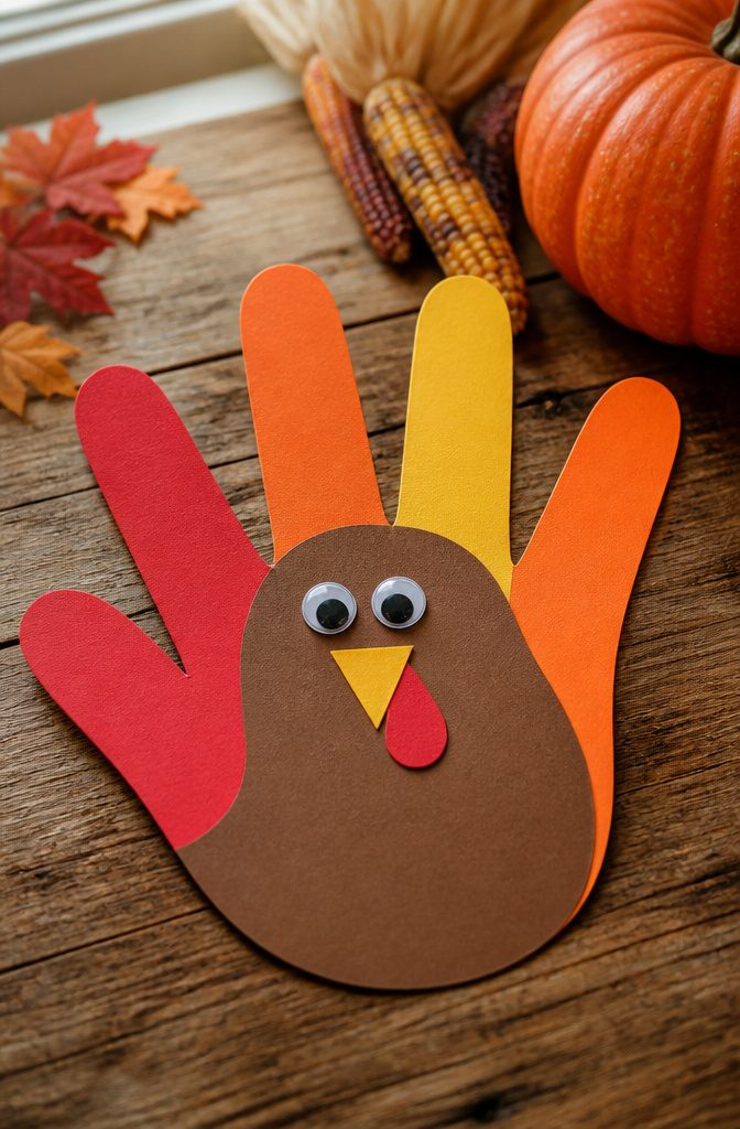 A handprint turkey made with colorful fingers on construction paper.