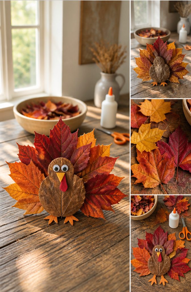 A turkey made from dry leaves arranged on paper.