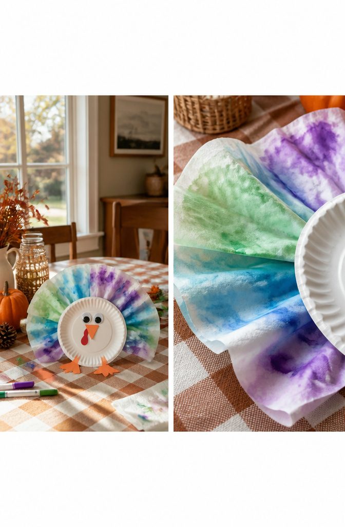 A paper plate turkey with colorful coffee filter feathers.