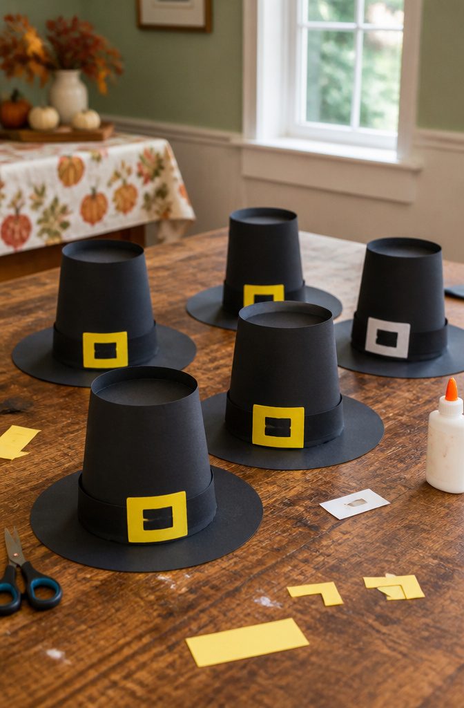 Pilgrim hats crafted from black construction paper with yellow buckles.