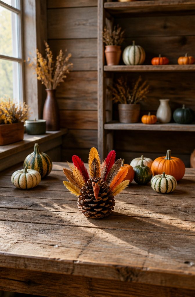 A pinecone turkey decorated with colorful feathers and googly eyes.
