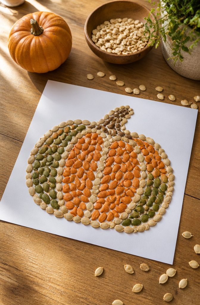 A mosaic made from pumpkin seeds arranged on cardstock.