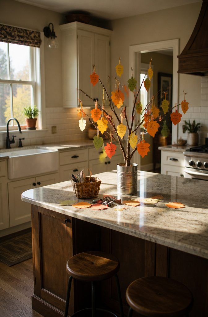 A tree made from a branch with colorful leaves expressing gratitude.
