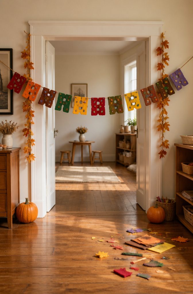 A banner made from felt letters and decorations for Thanksgiving.